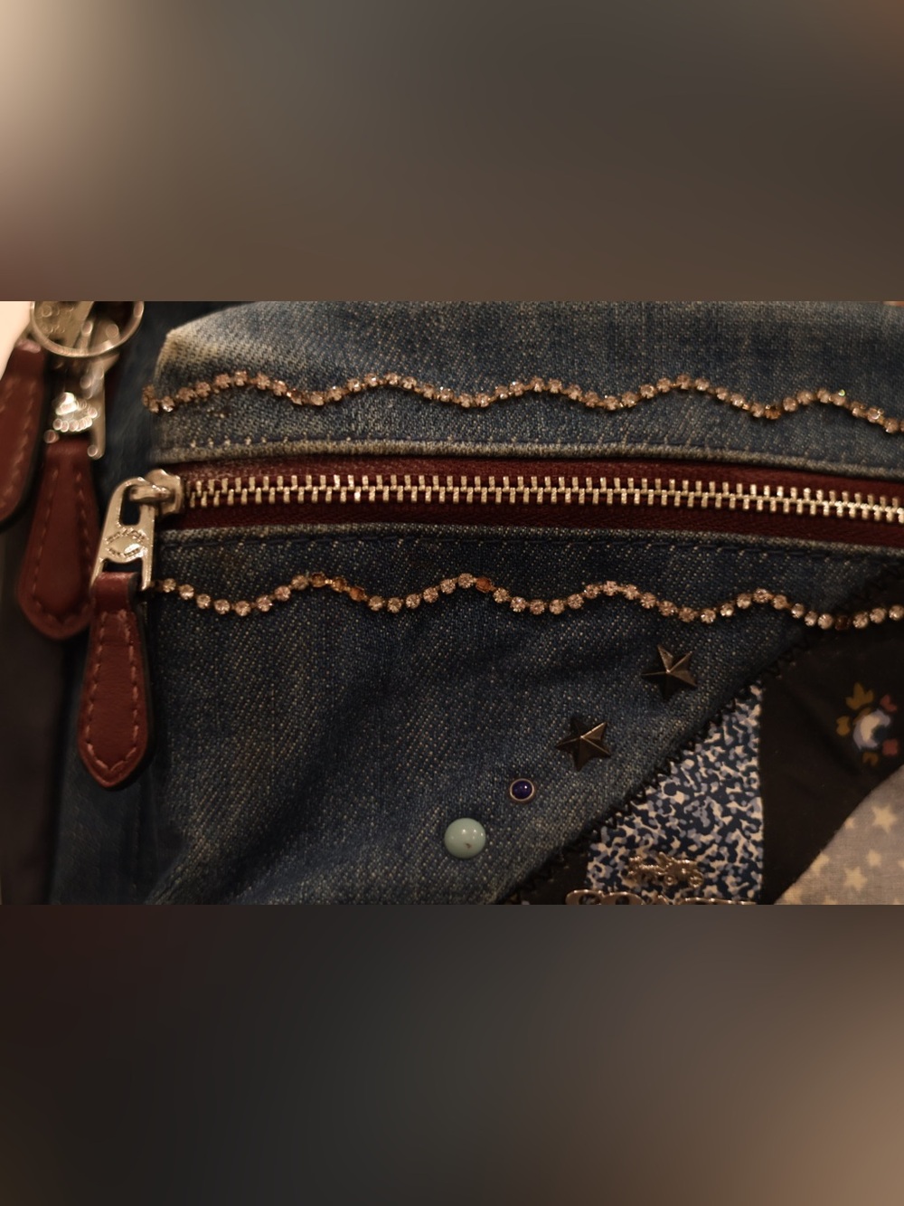 Coach Mini Charlie Denim Patchwork Star Backpack Rhinestone Trim Blue Leather - Picture 6 of 11